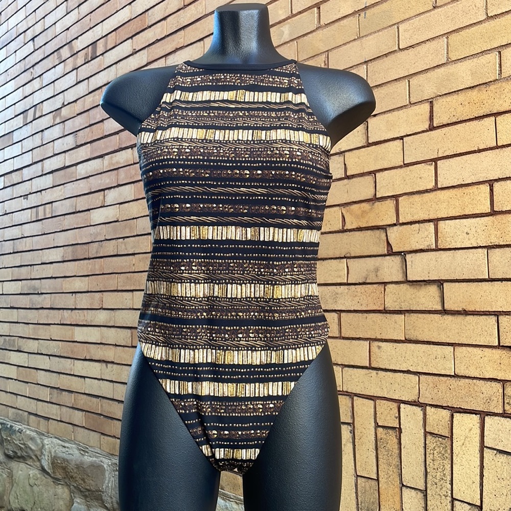 NWT Victoria Sport by Victoria's Secret Bodysuit Black Gold Mesh Medium